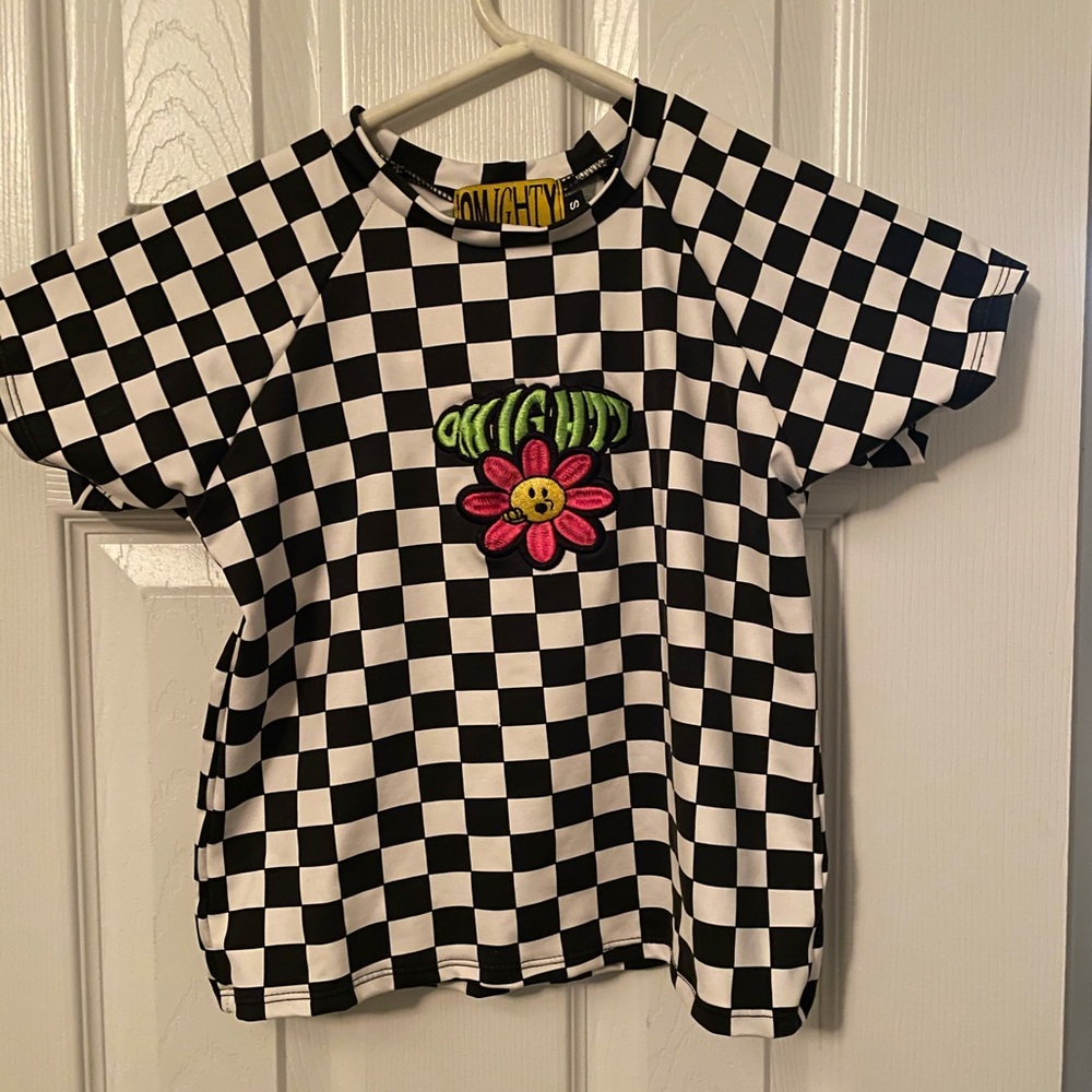 Omighty “blow me” flower boob checkered t shirt